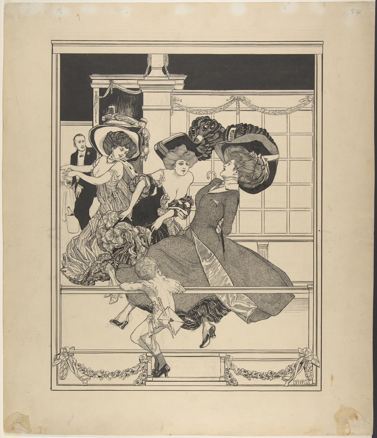 Three dancing women watched by Cupid by Franz von Bayros