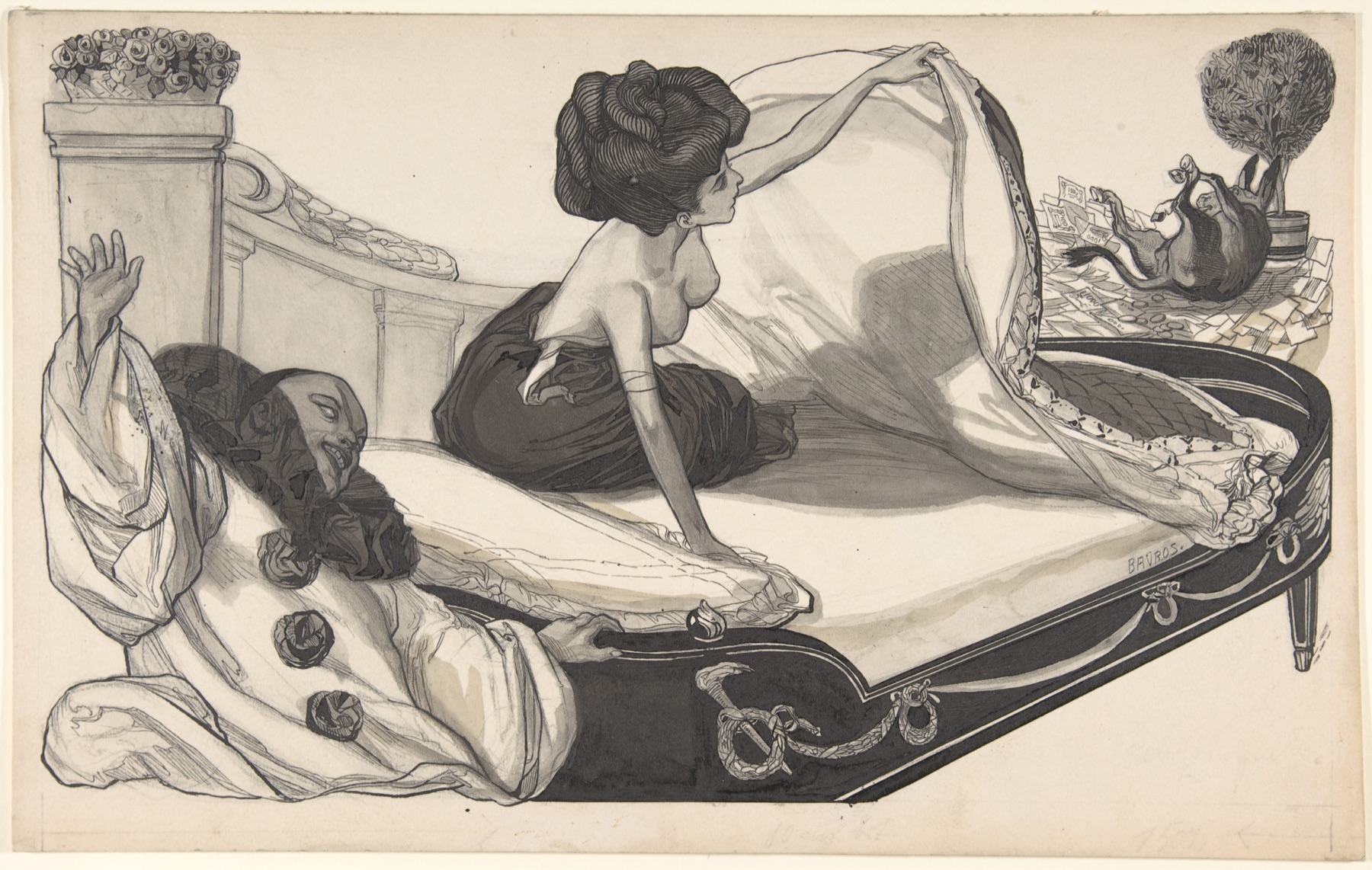 Woman in bed observing a donkey by Franz von Bayros