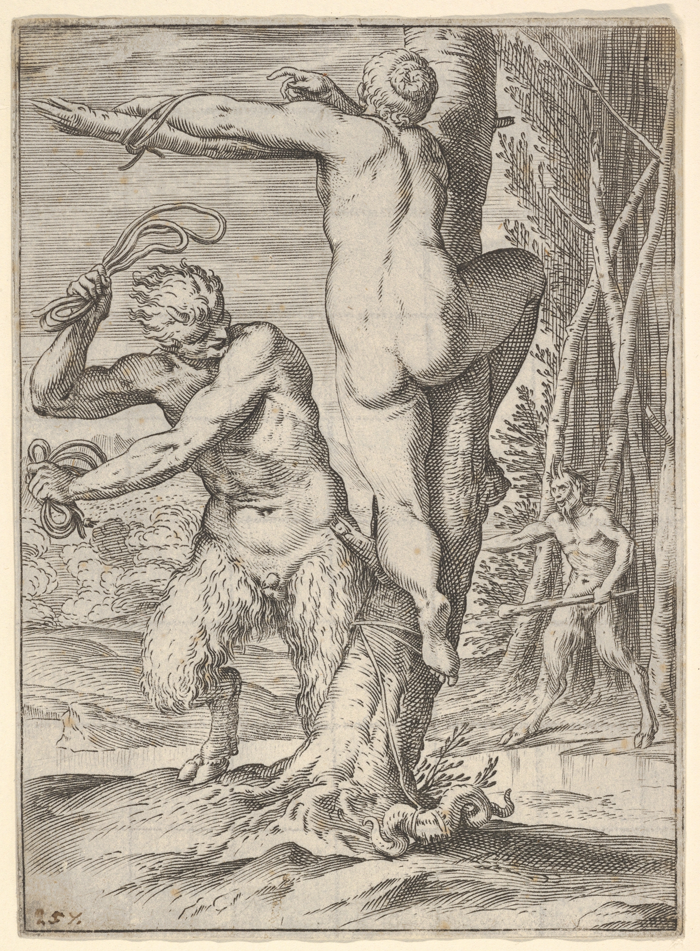 Satyr whipping a nymph in an engraving by Agostino Carracci