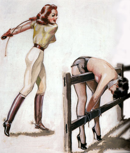 Whipping at a fence in an illustration by John Willie