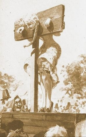 Women in stocks in an illustration by John Willie