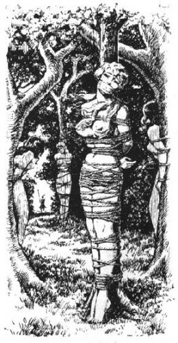 Woman tied between trees in an illustration by John Willie