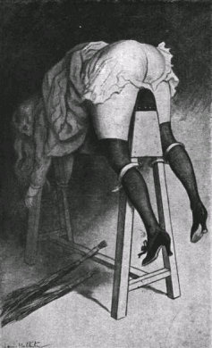 Woman on a punishment bench in an illustration by Louis Malteste