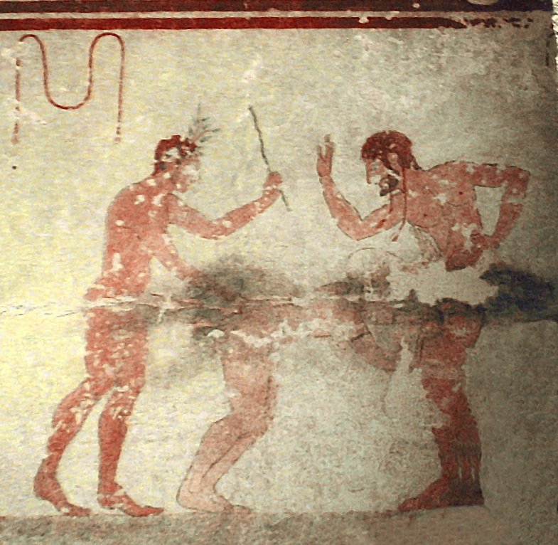 Ancient wall painting from the Tomb of the Whipping in Tarquinia
