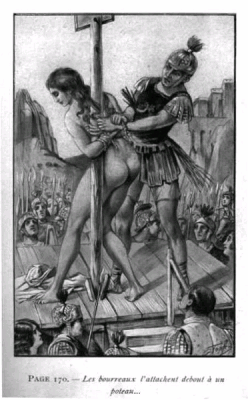 Woman tied to a post in an illustration by Georges Topfer